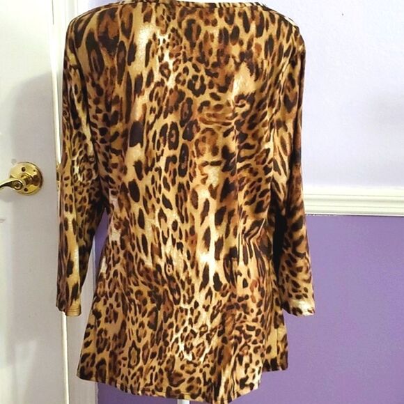 Robert Louis Leopard Print 3/4 Sleeve Elegant Chic Ruched Tied Top - Picture 5 of 6